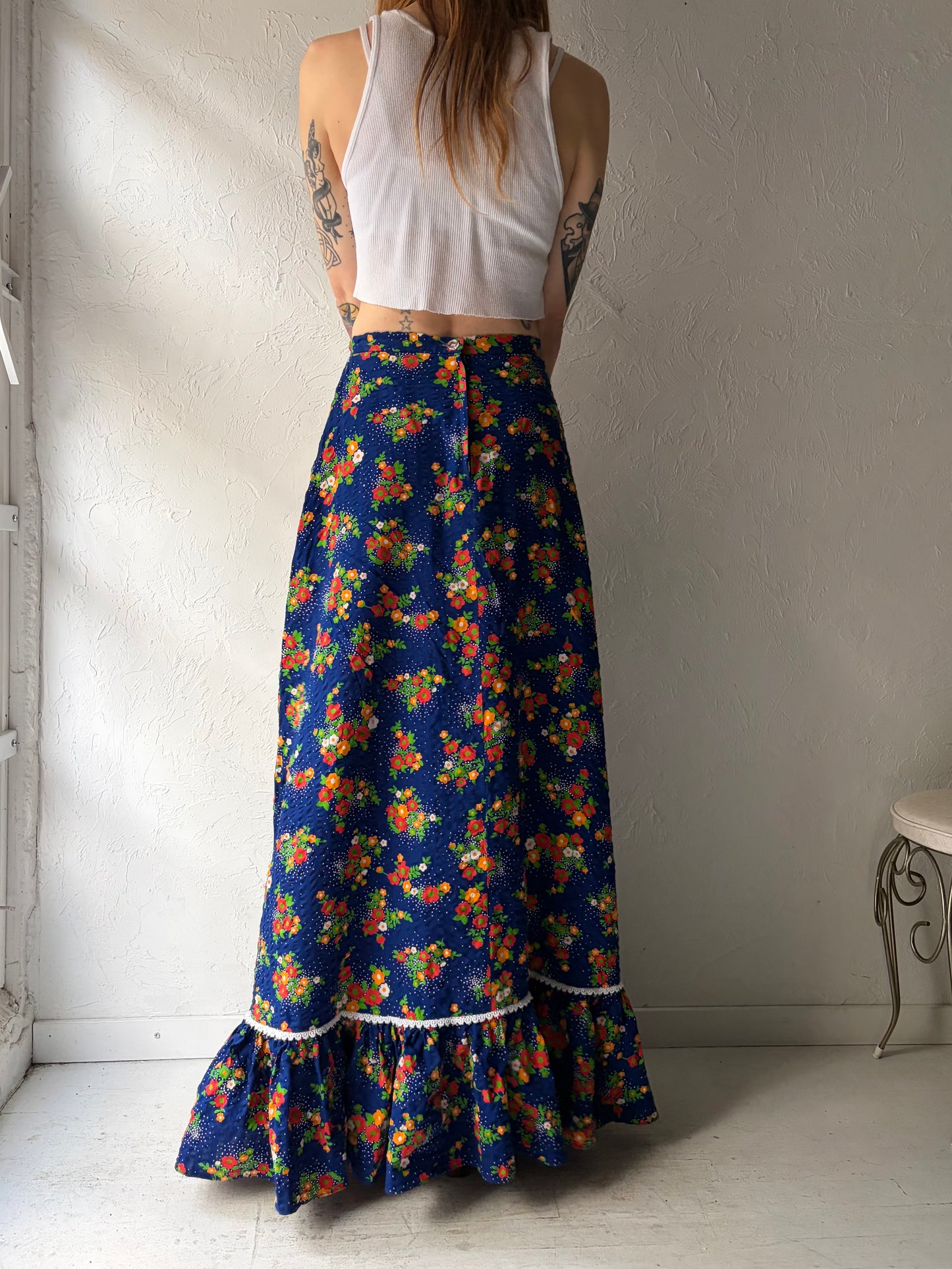 70s Floral Maxi Skirt / Small