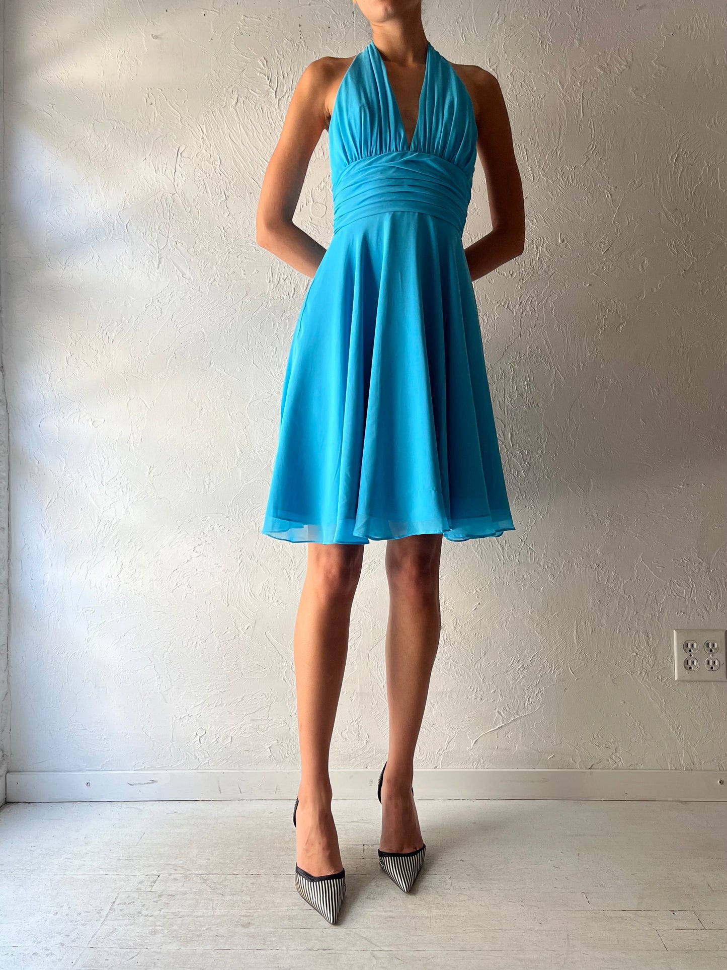 Y2k 'Bari Jay' Blue Halter Formal Dress / Small