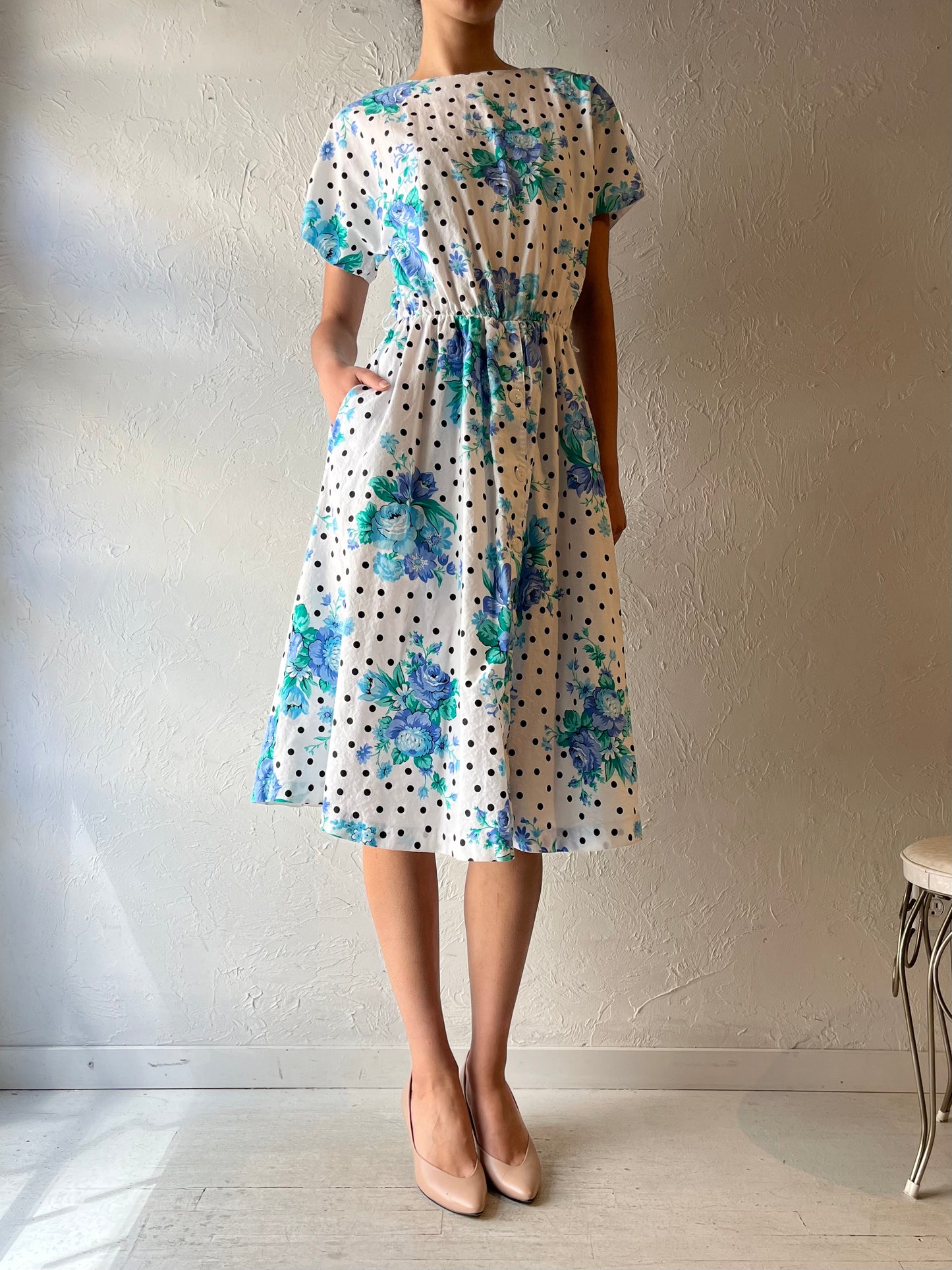 80s 'New Looks' Floral Retro Cottagecore Summer Dress / Vintage 1980s Romantic Boho Garden Party Dress / Medium