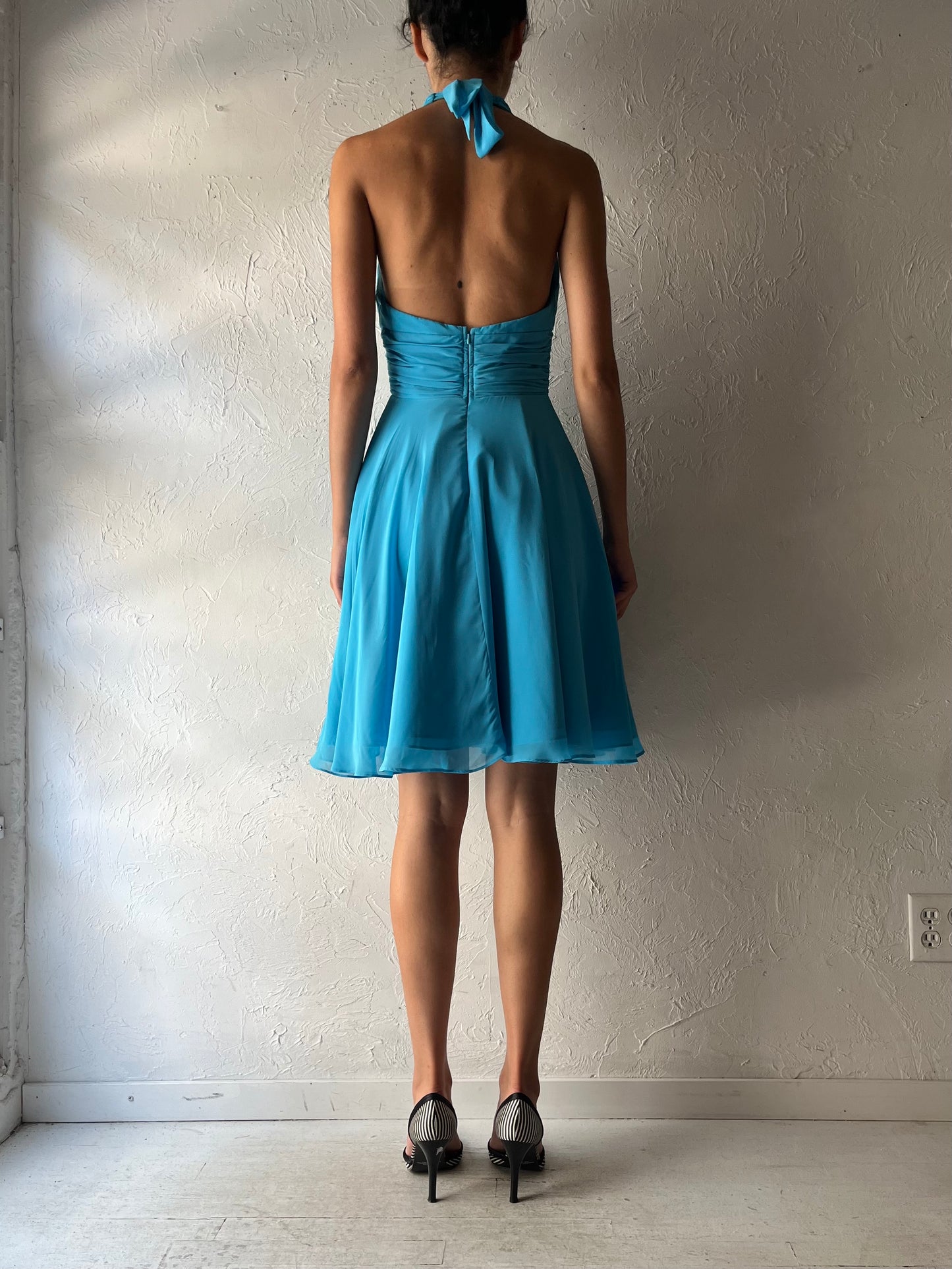 Y2k 'Bari Jay' Blue Halter Formal Dress / Small