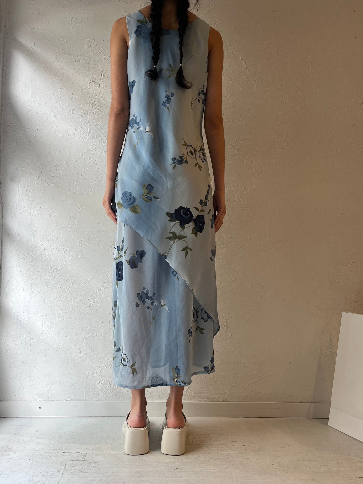 90s ‘Claude Rene’ Blue Floral Print Maxi Dress / Large