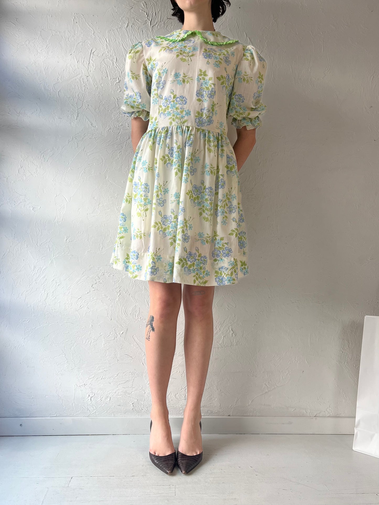 Vintage Handmade Green Floral Mini Dress / Medium