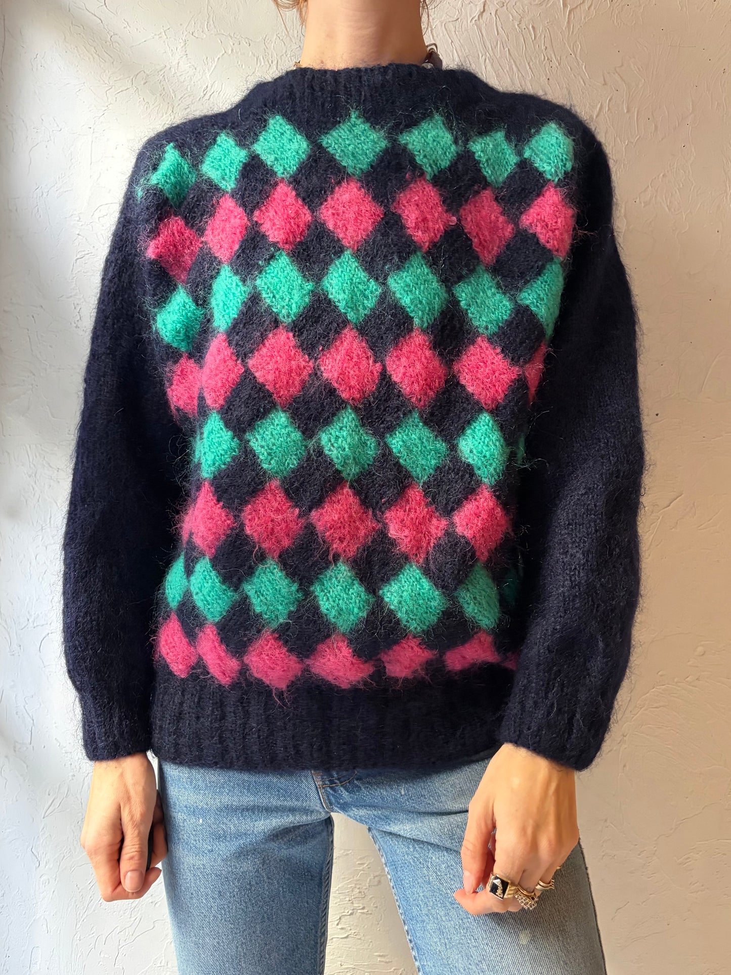 90s Handknit Patterned Mohair Crew Neck Sweater / Small