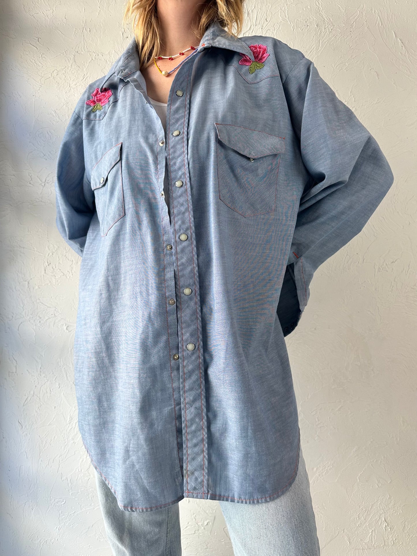 70s 'Big Mac' Blue Embroidered Pearl Snap Shirt / XL