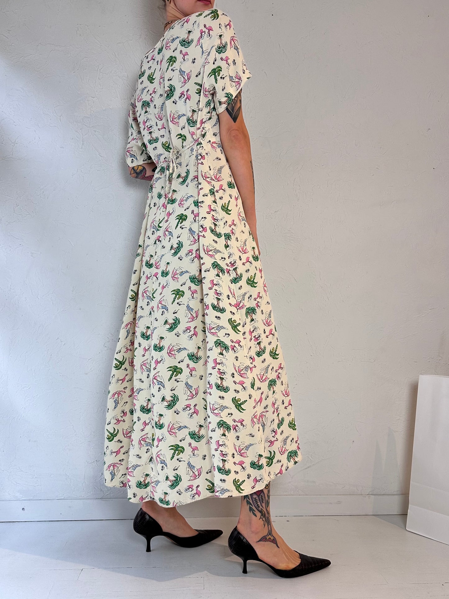 90s 'Kamellia' Flamingo Print Dress / Medium