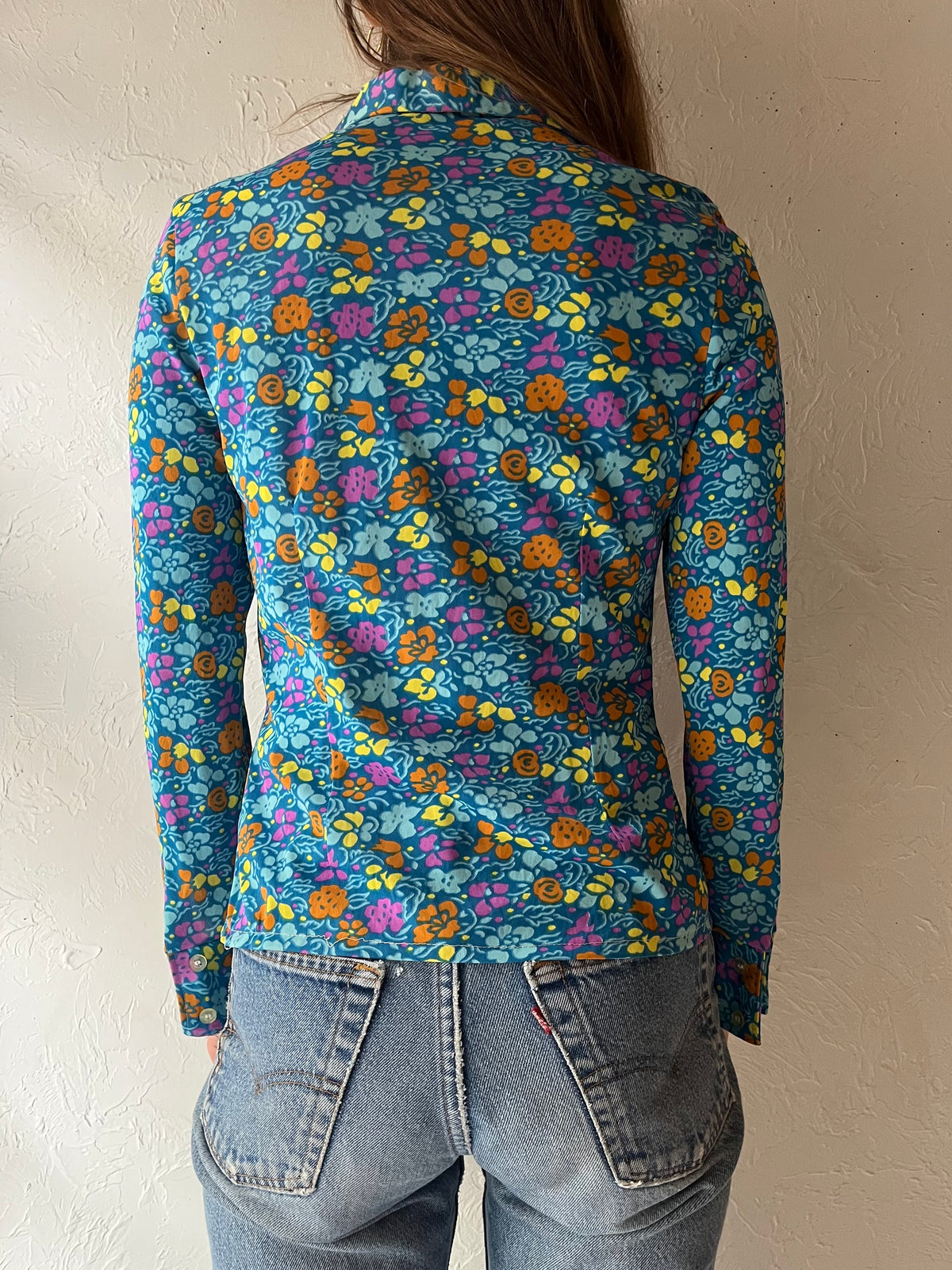 70s Vintage Blue Rainbow Floral Print Dagger Collar Retro Mod Hippie Button Up Shirt / Small