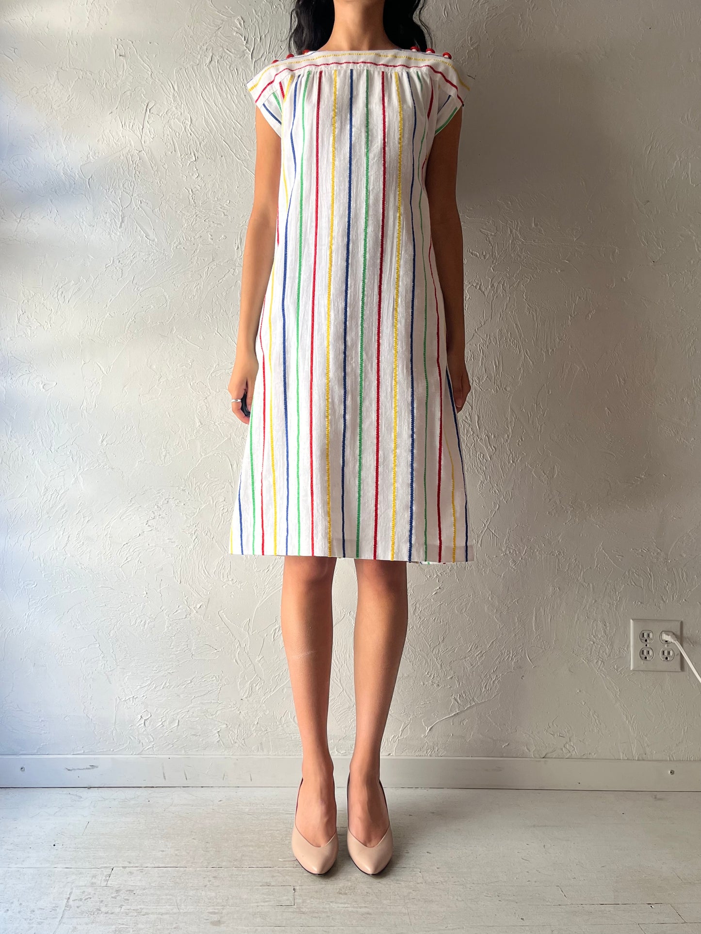 70s 'Pantel' Striped Cotton Midi Dress / Small