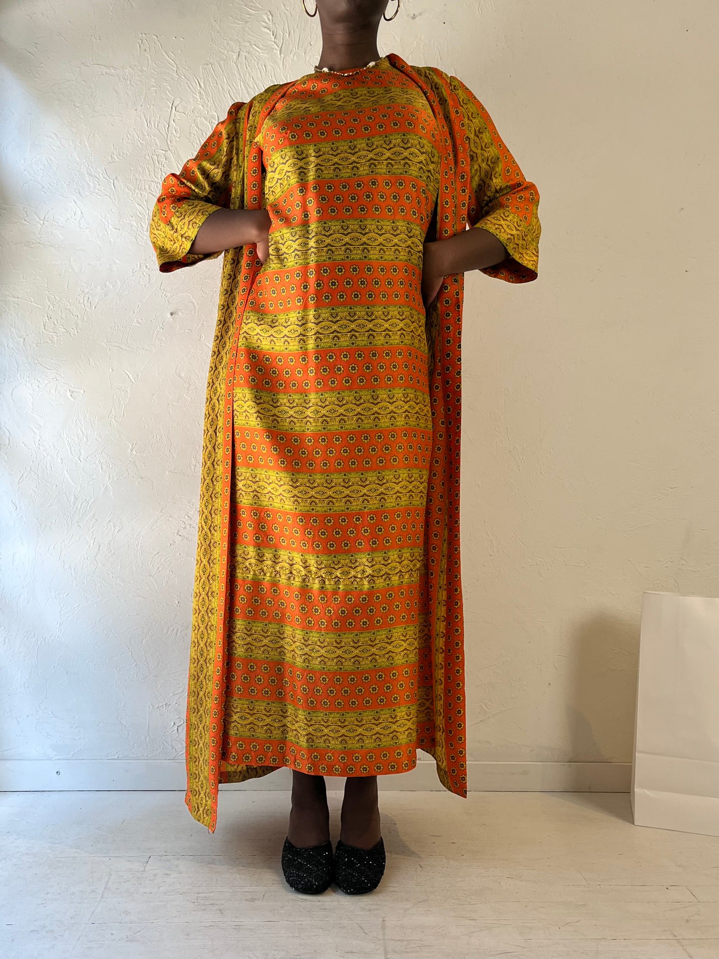 70s ‘Fifth Avenue Robes’ Orange Patterned Kaftan / Medium