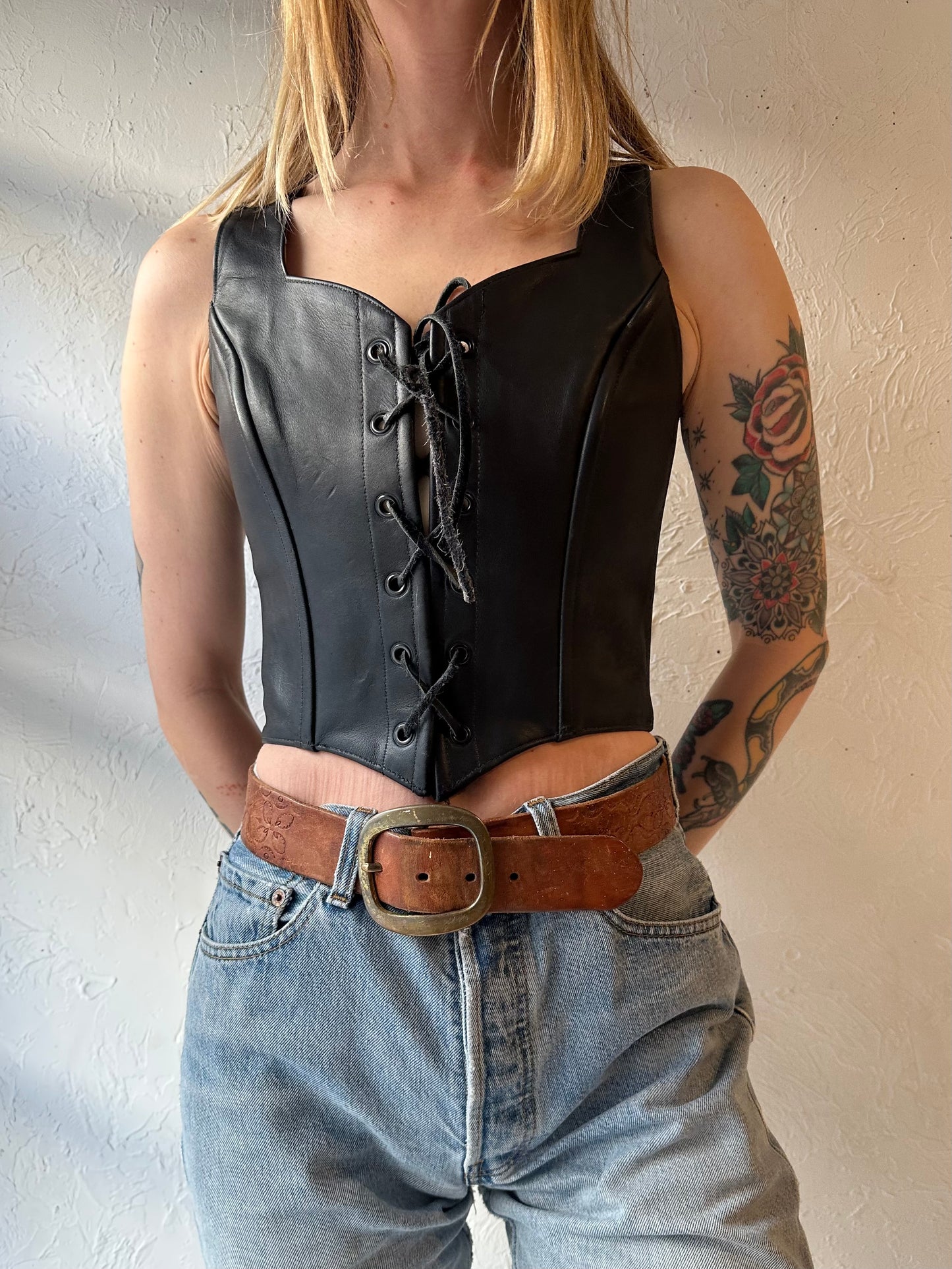 Vintage Handmade Leather Lace Up Top / Small