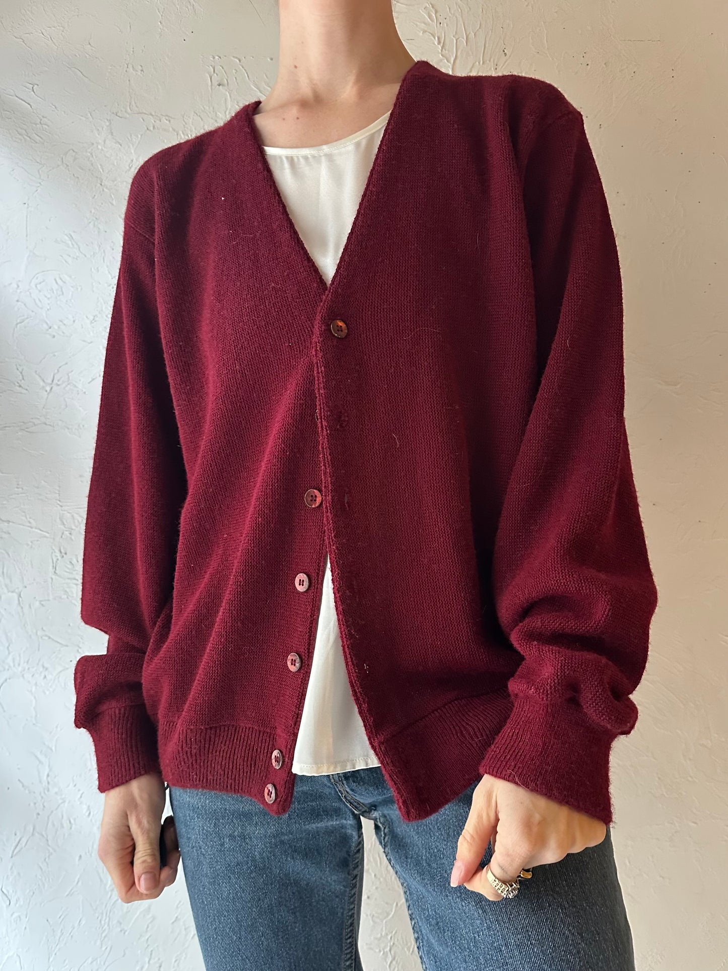 70s 'Sears' Burgundy Knit Cardigan Sweater / Large
