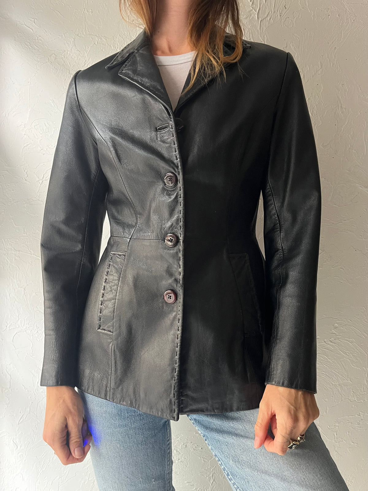 90s 'Danier' Black Minimalist Leather Jacket / Small
