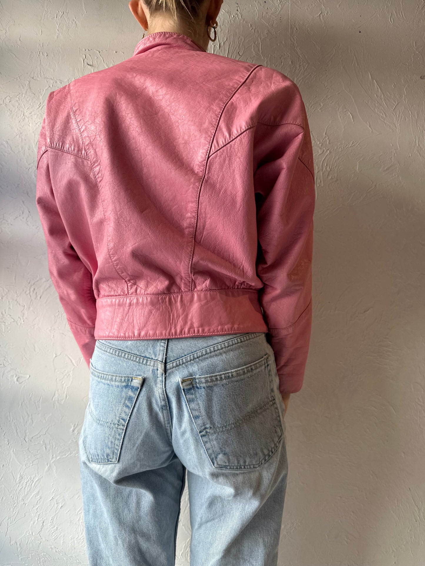 80s 90s 'Champion' Pink Leather Bomber Jacket / Small