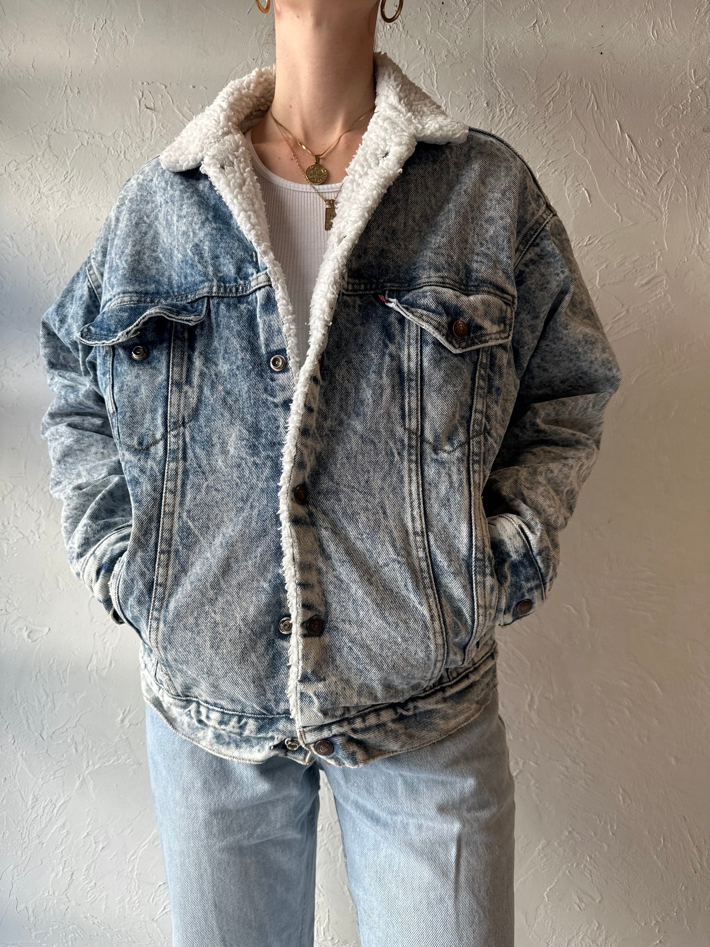 80s 'Levis' Acid Wash Faux Shearling Lined Denim Jacket / Small