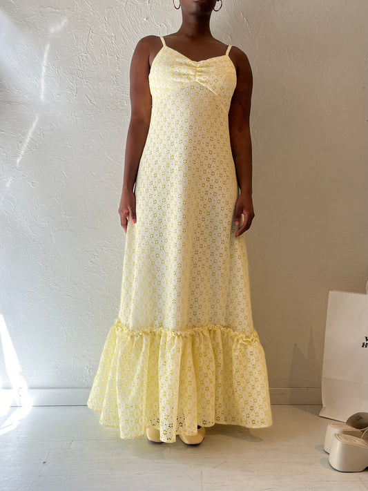 Vintage Handmade Yellow Eyelet Maxi Dress / Medium