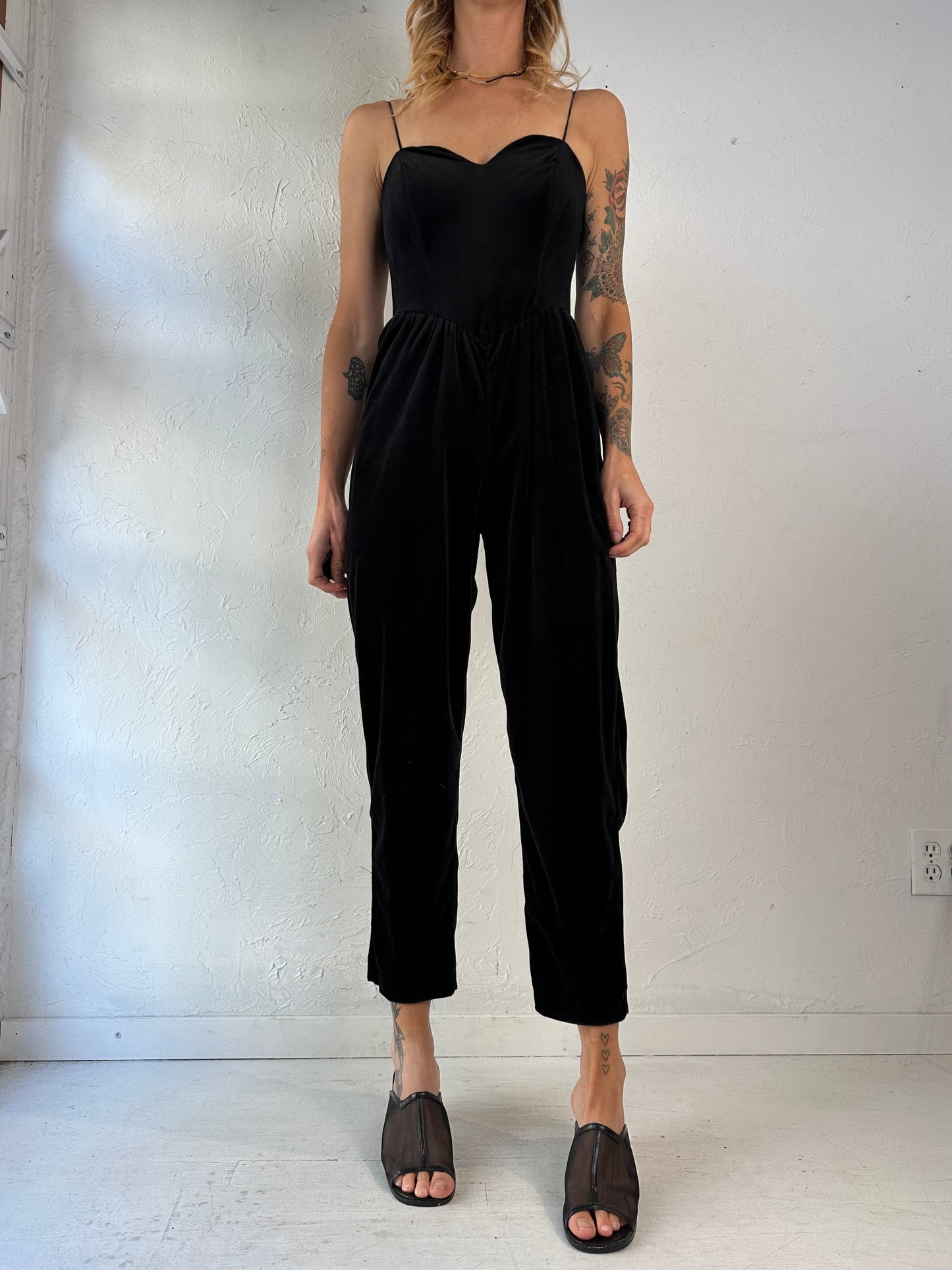 70s Black Velvet Jumpsuit / Union Made / Small