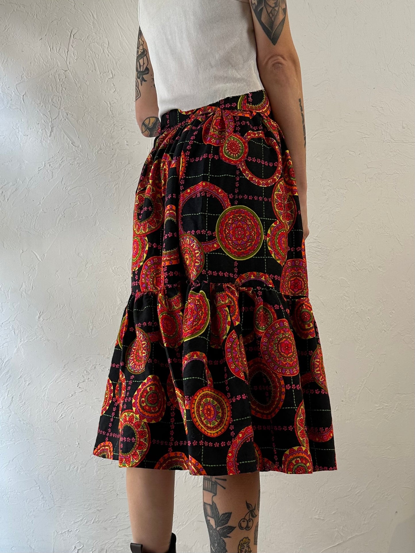 70s Handmade Retro Floral Midi Skirt / Small