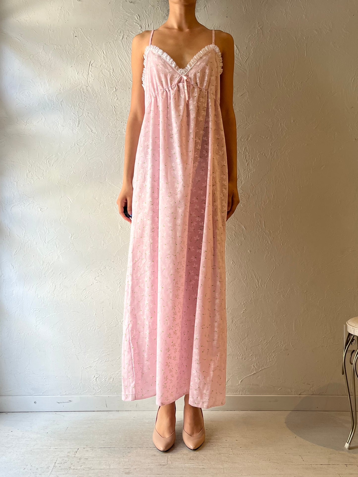 90s 'Sears' Pink Floral Nightgown Summer Dress / Vintage 1990s Romantic Cottagecore Maxi Sundress / Large