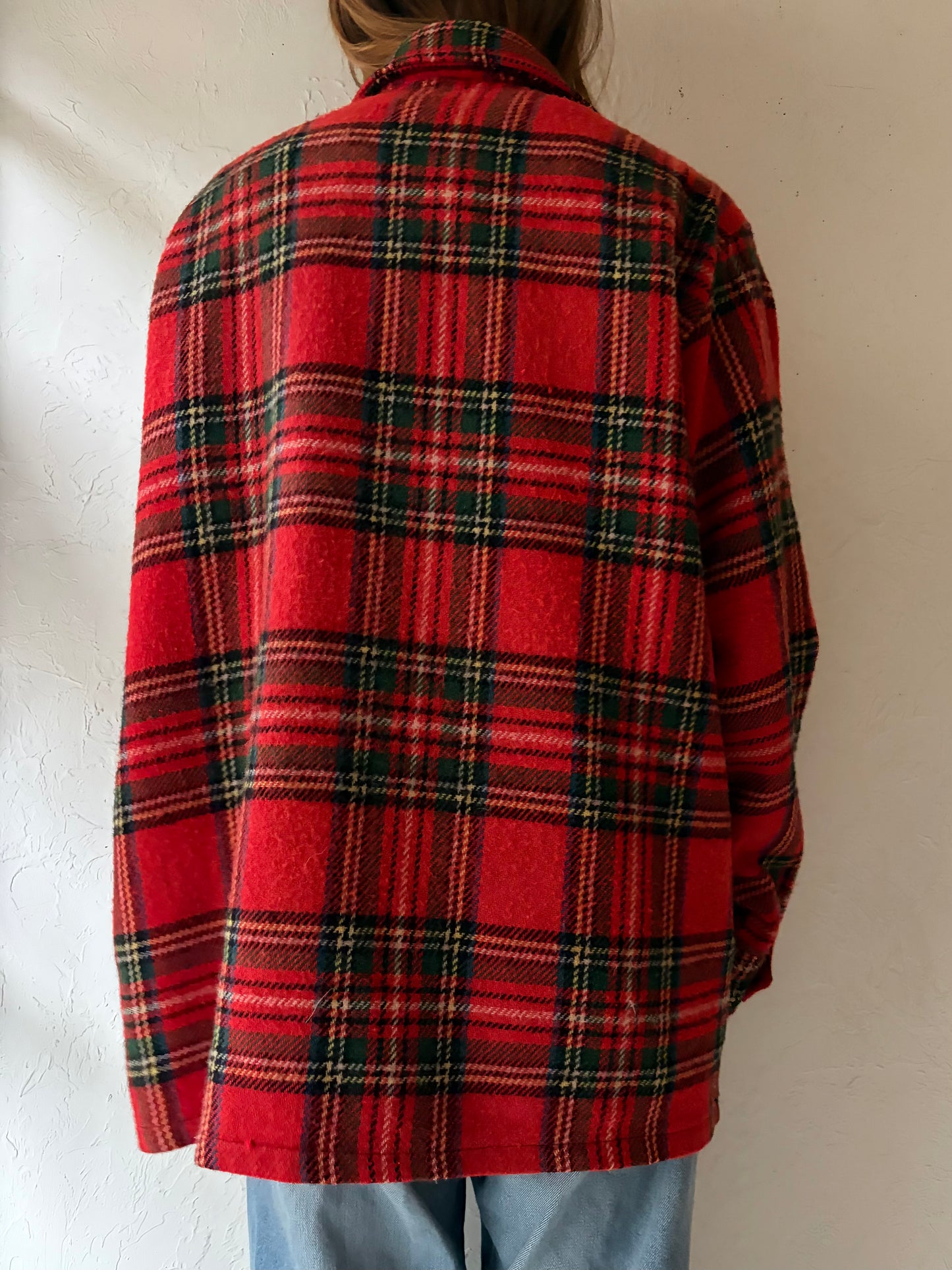 Vintage Knit Plaid Shirt Jacket / Large