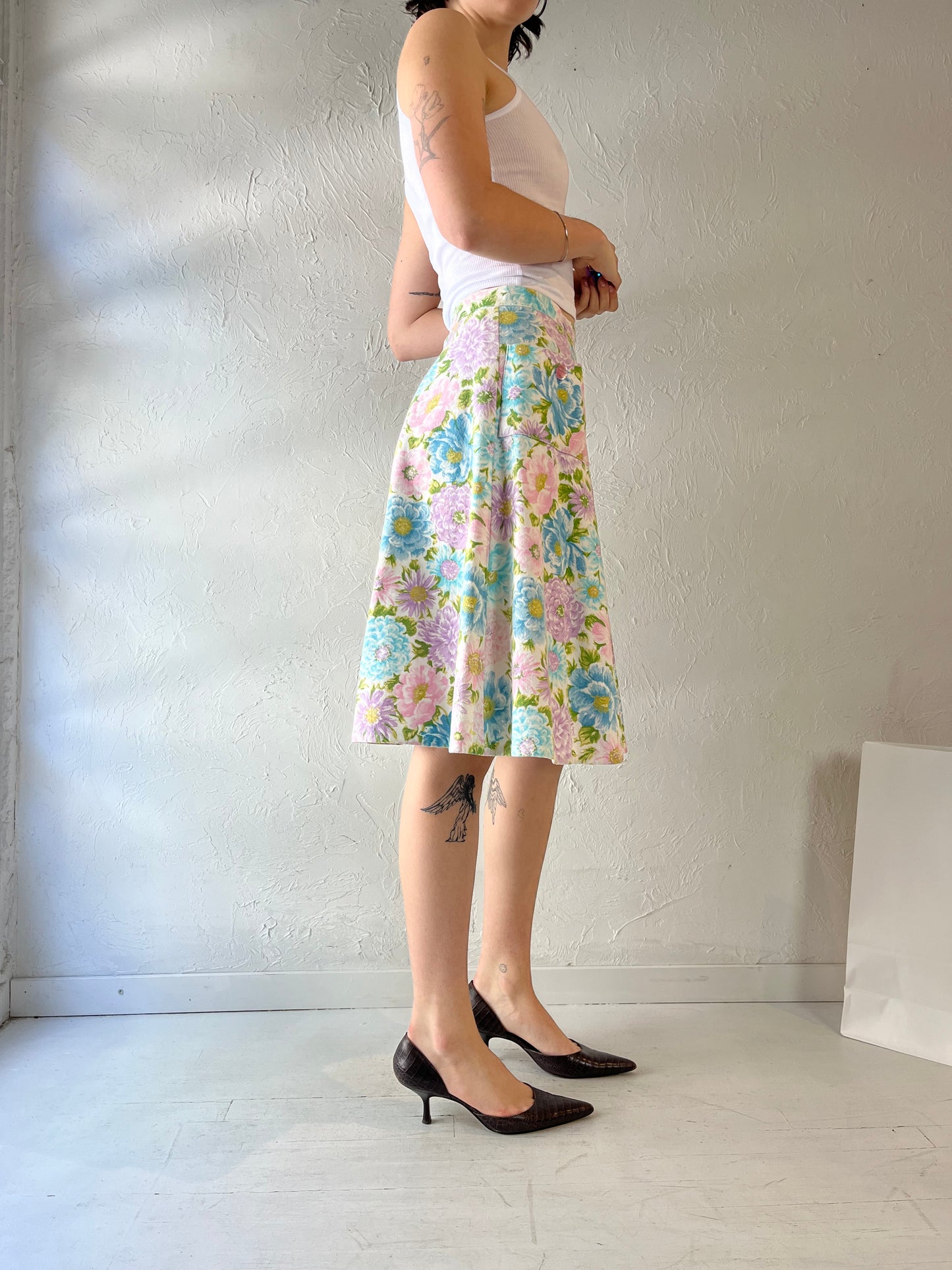 Vintage Handmade Pastel Floral Midi Skirt / Small