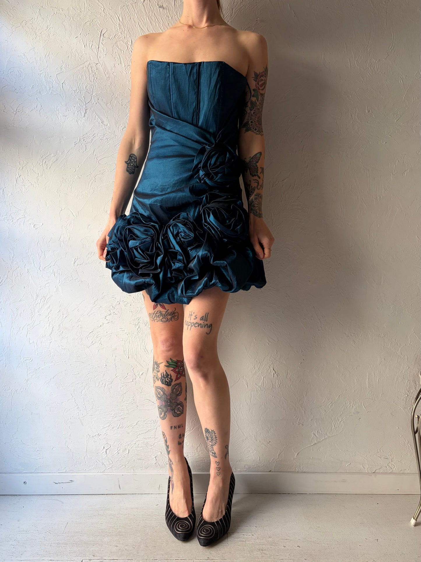 Y2k 'Sakura' Metallic Blue Strapless Formal Mini Dress / Large