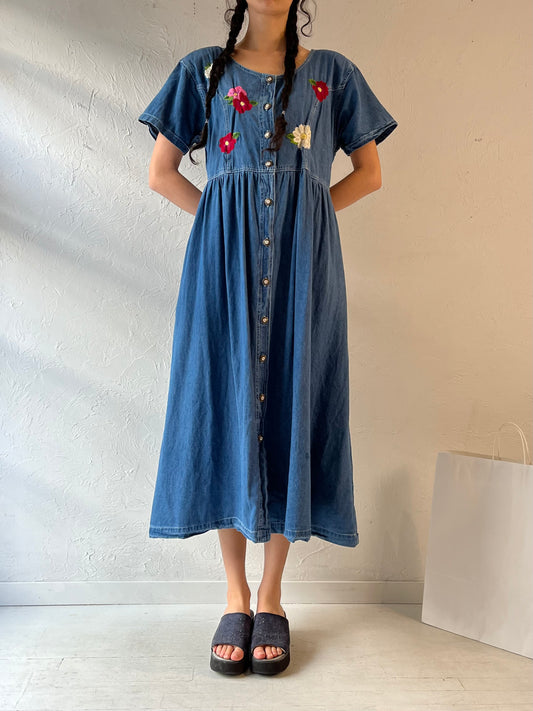 90s ‘Jane Ashley’ Embroidered Denim Dress / Large