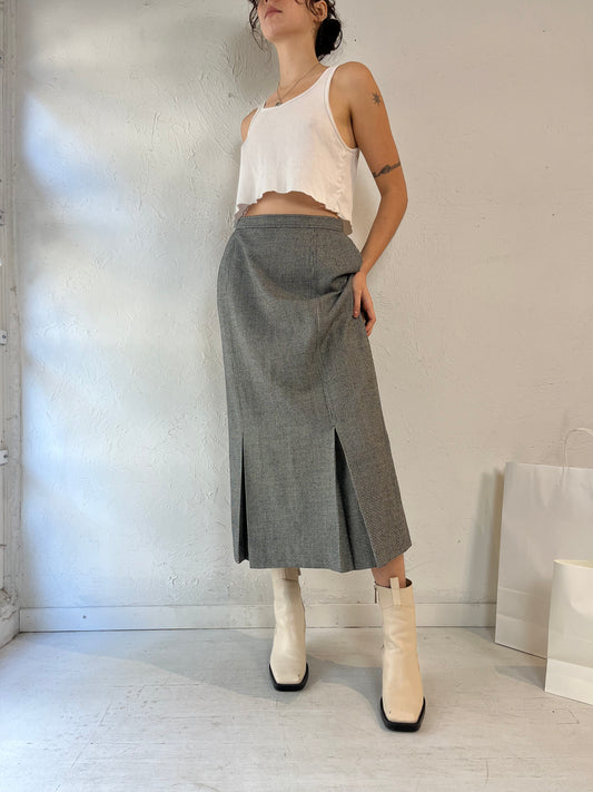 90s 'Club House' Herringbone Wool Midi Skirt / Medium