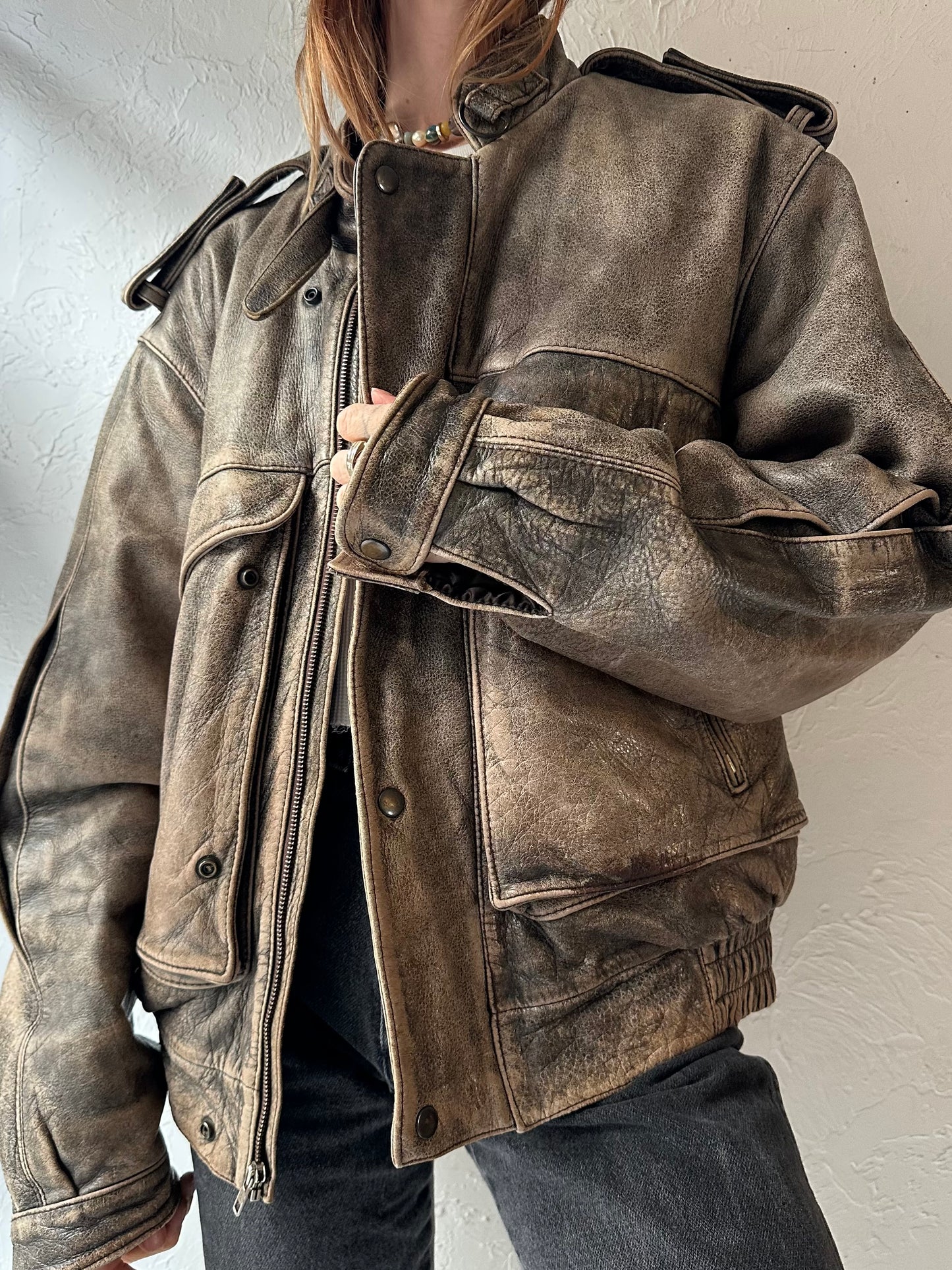 80s 'Wilsons' Brown Leather Flight Jacket / Large