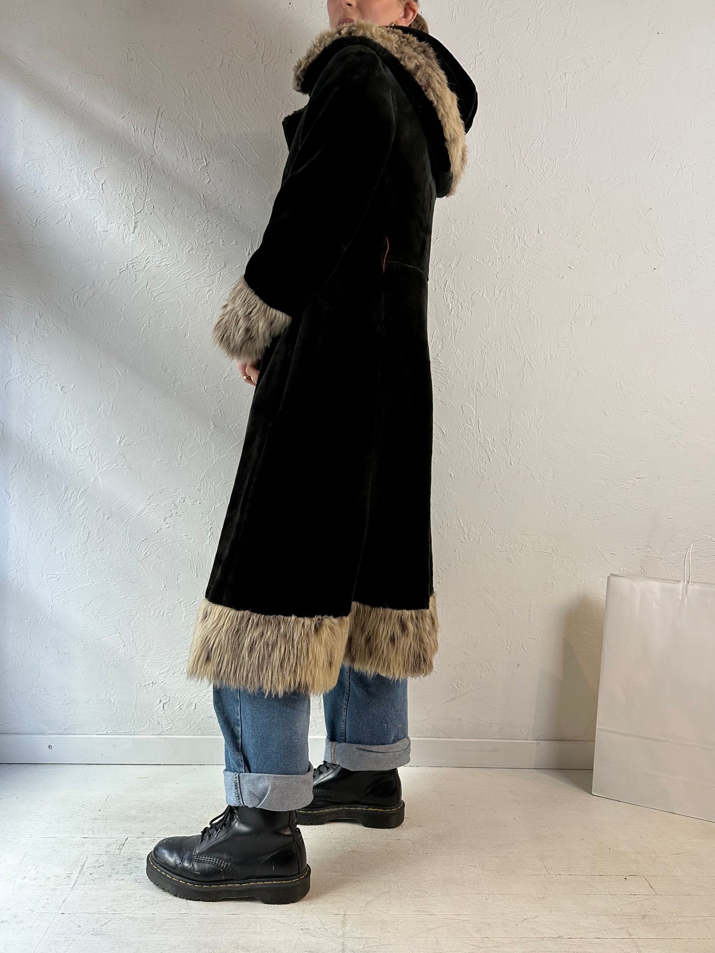 Vintage Black Faux Fur Hooded Coat / Medium