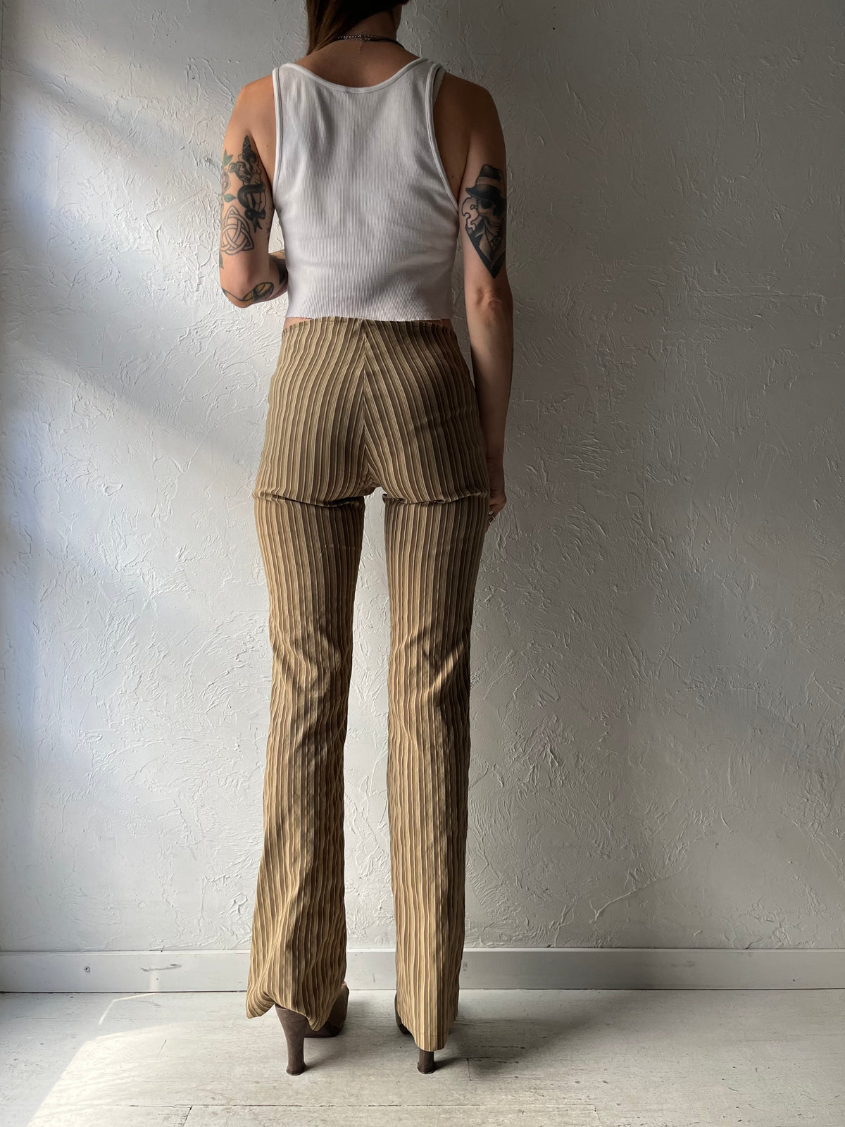 80s 'Pelican Cove' Brown Striped Low Rise Lace Up Grunge Boho Hippie Flare Plants / Medium