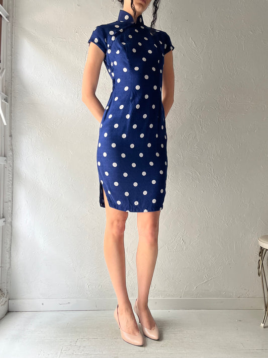 60s Blue Polka Dot Retro Pinup Rockabilly Summer Dress / Small
