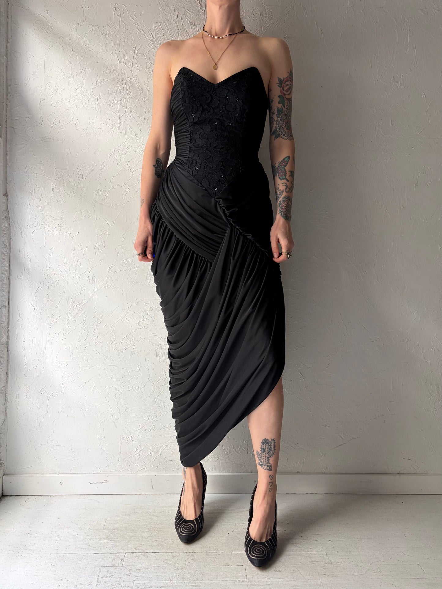 80s Strapless Black Formal 1980s Romanic Goth-core Prom Dress / Small