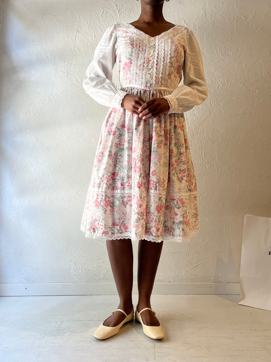 Vintage Pink Floral Long Sleeve Cottage Core Dress / Medium