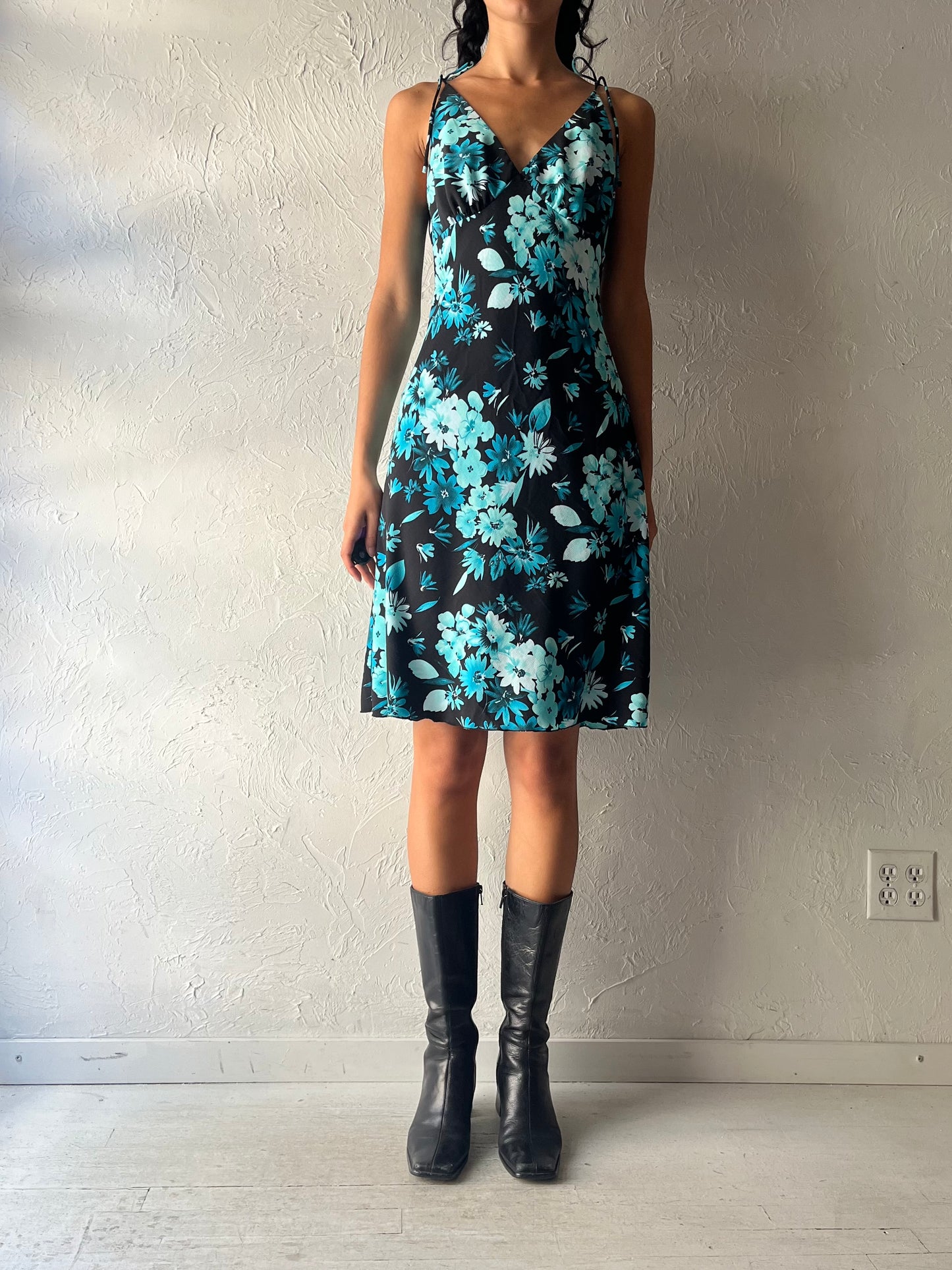 90s 'Jessica' Blue Floral Spring Summer Dress / Small - Medium