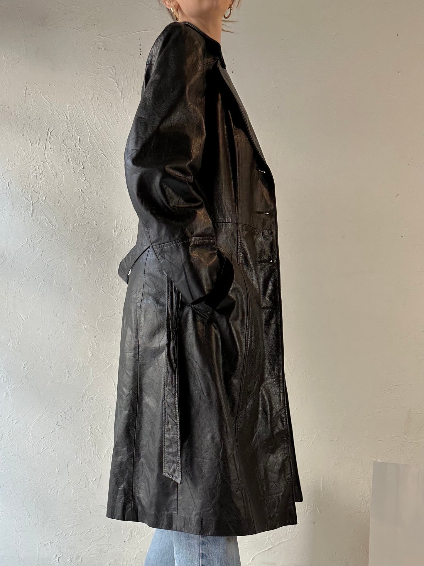 Vintage Black Leather Trench Coat / Medium