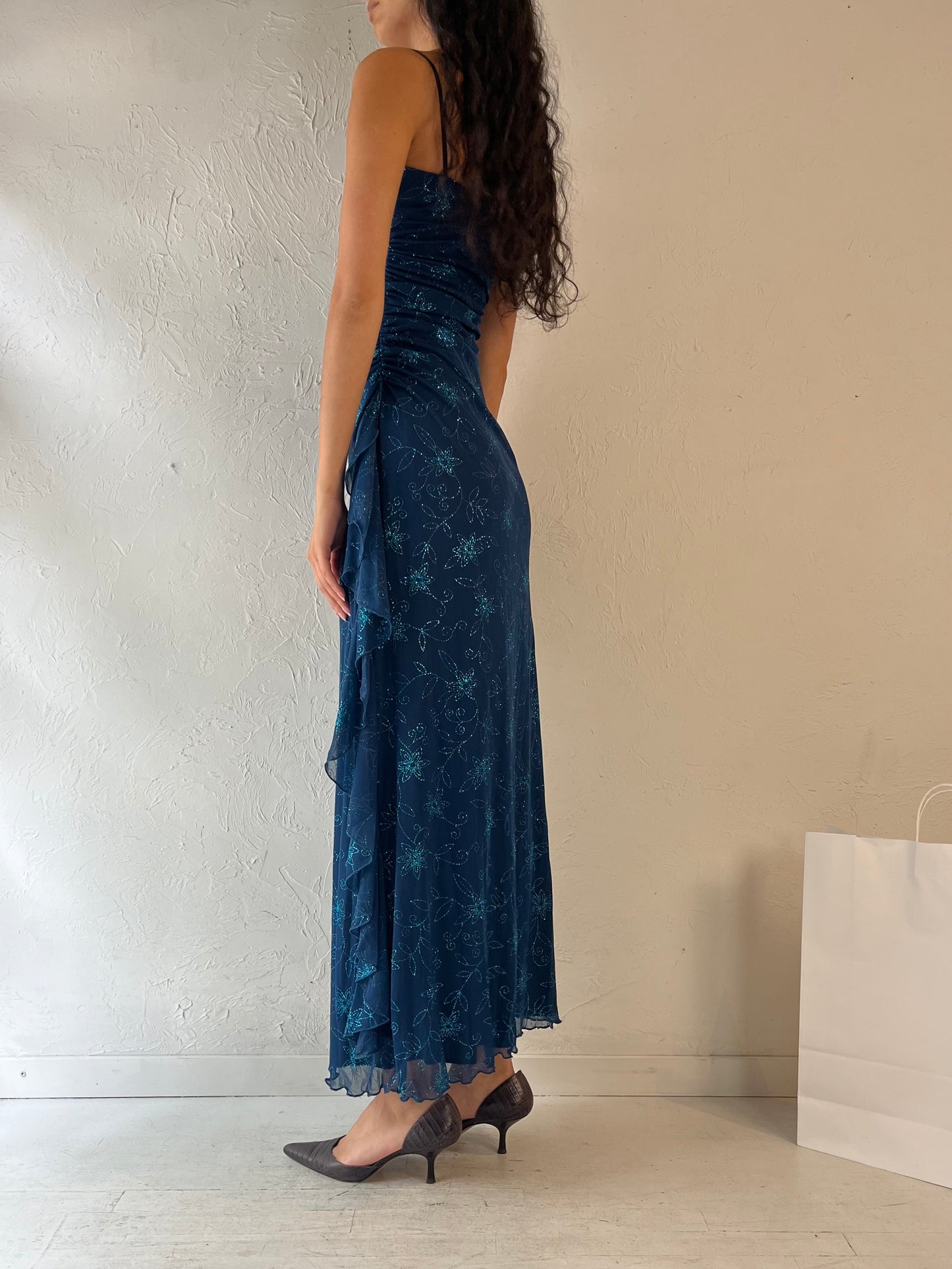 90s 'Mariposa' Blue Sparkly Dress / Small