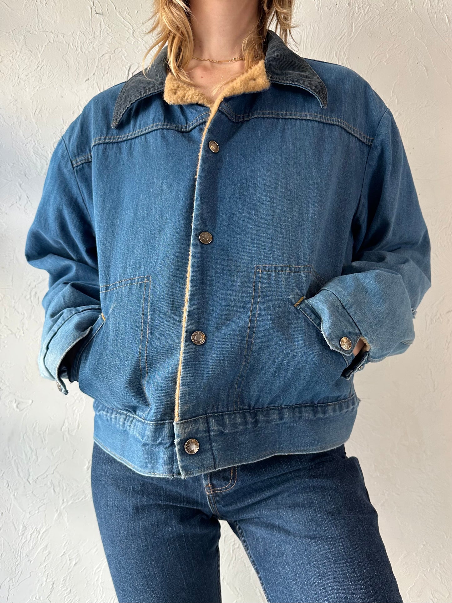 90s 'Ely' Faux Fur Cropped Denim Jacket / Large