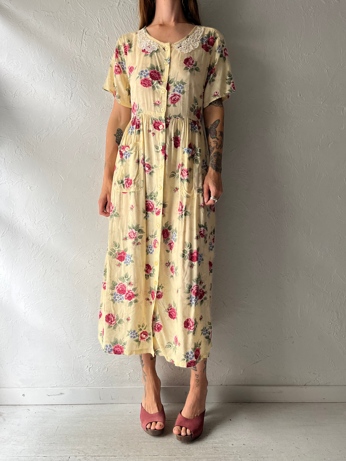 Vintage 'Erika' Yellow Floral Print Rayon Dress / Large