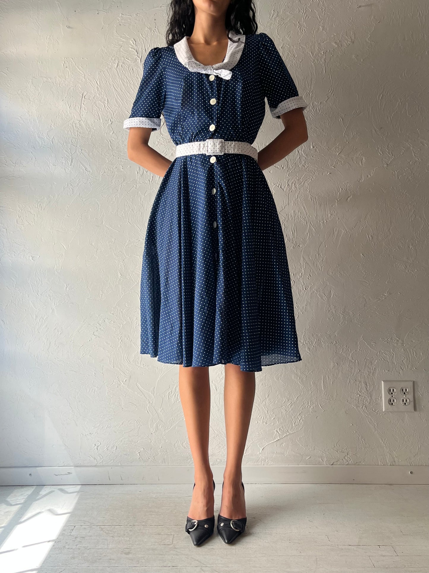 70s 'Nu Mode' Retro Blue Polka Dot Dress / Small