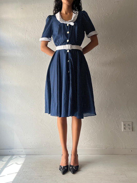 70s 'Nu Mode' Retro Blue Polka Dot Dress / Small