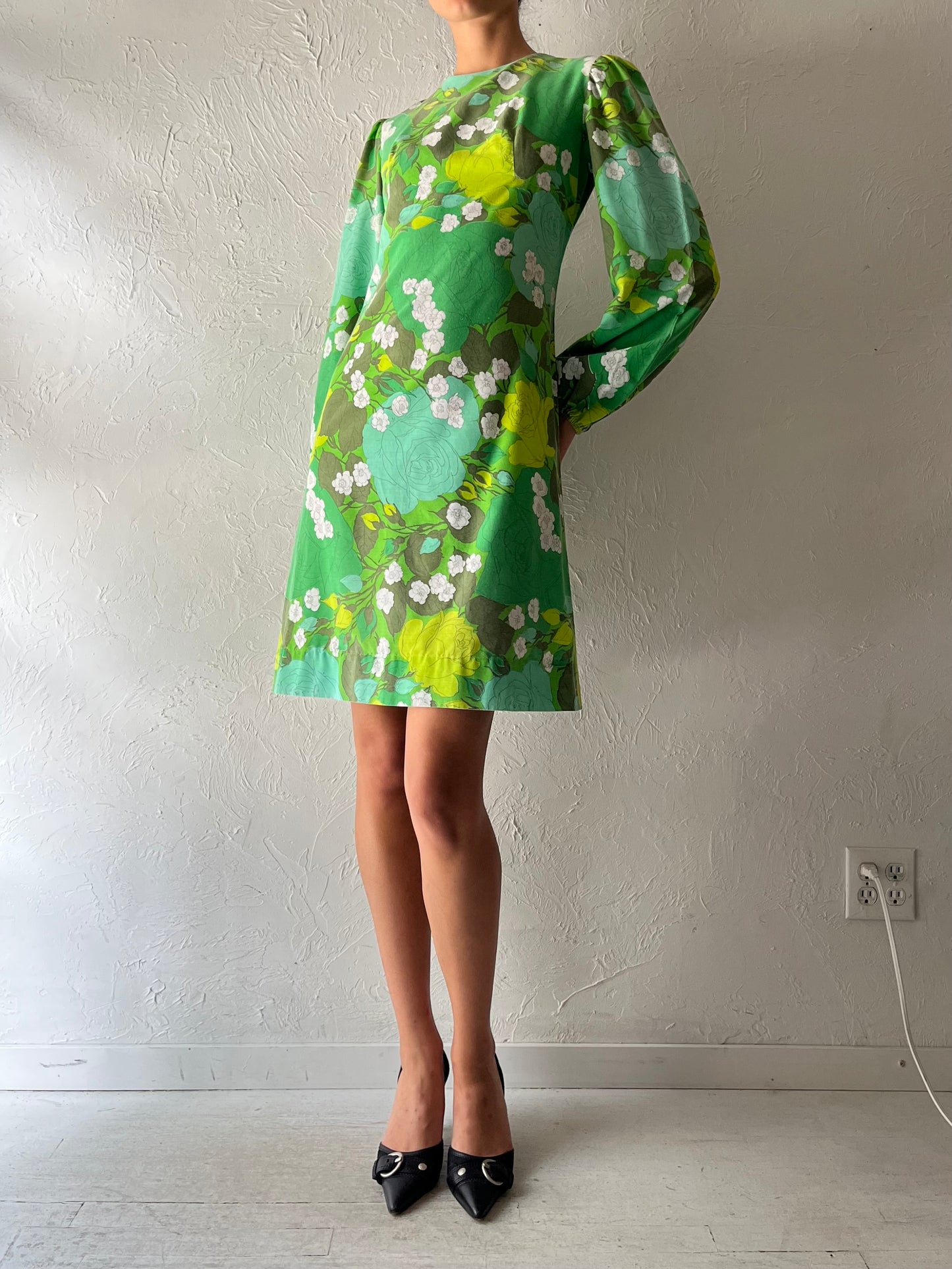 70s Green Floral Long Sleeve Mini Dress / Small