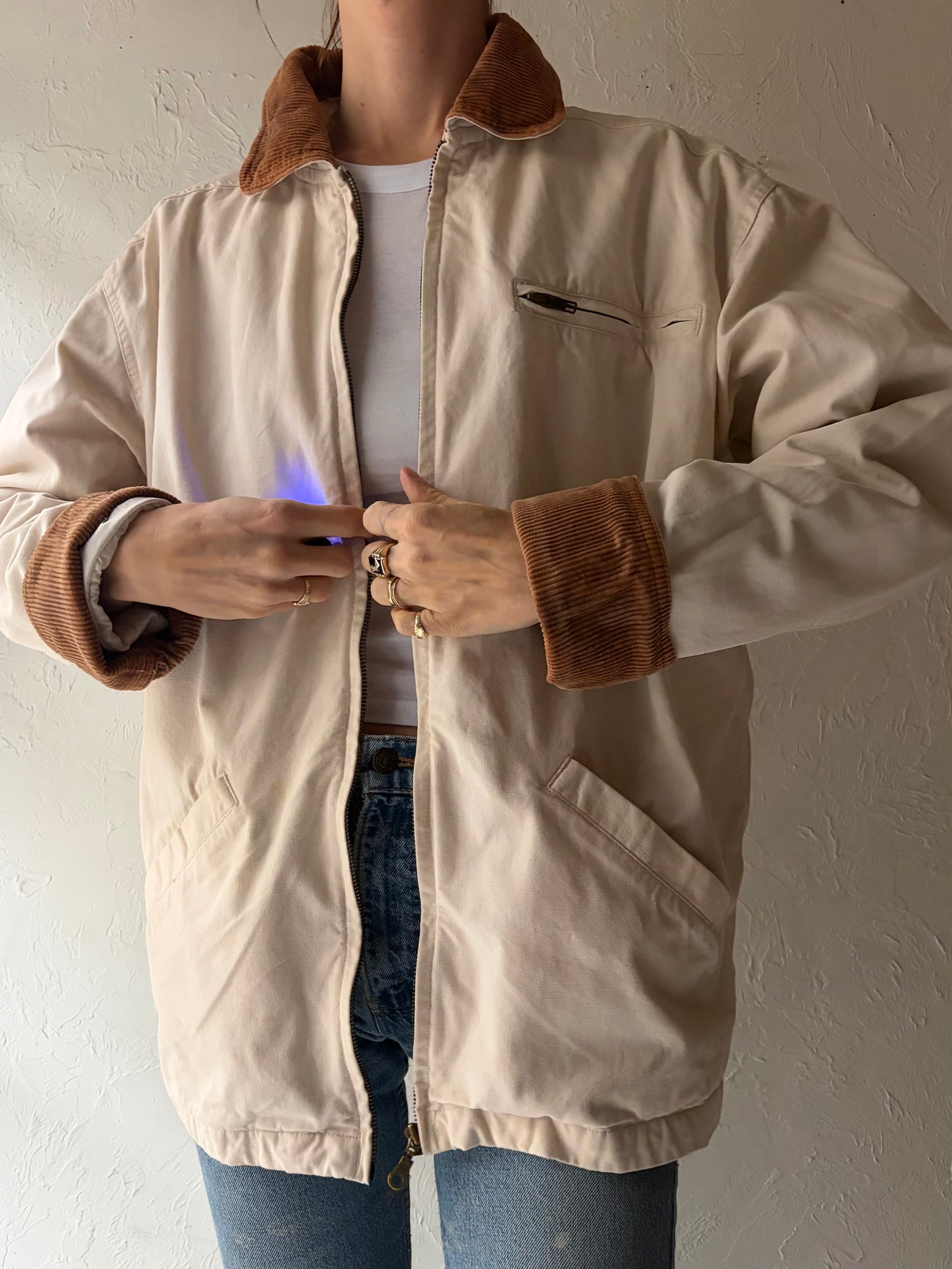 90s 'Cherokee' White Denim Barn Chore Jacket / Small