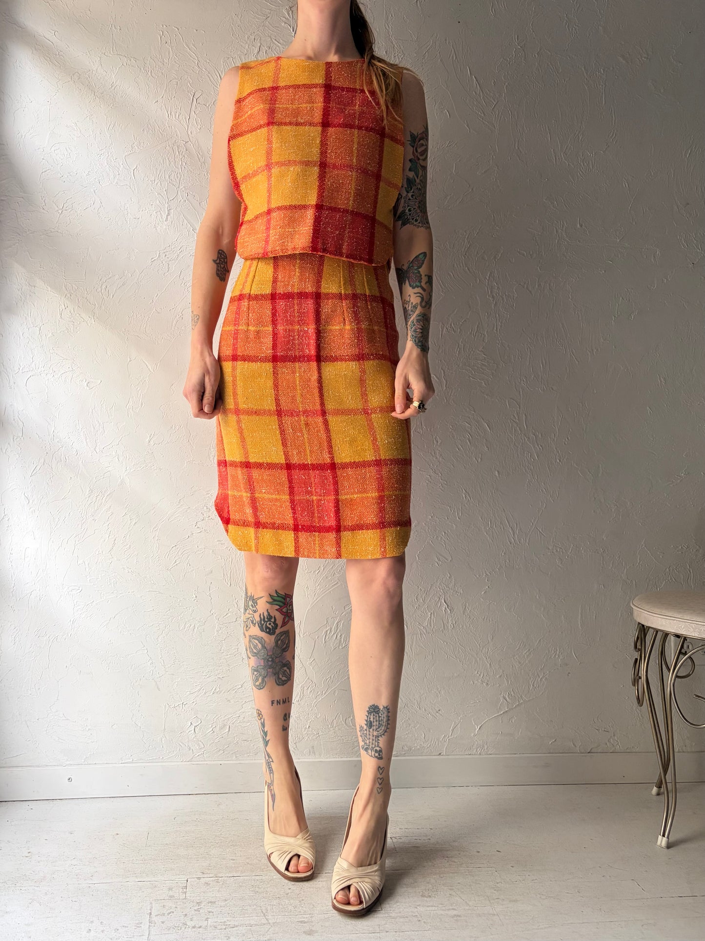 60s Handmade Plaid Skirt and Top Set / XS