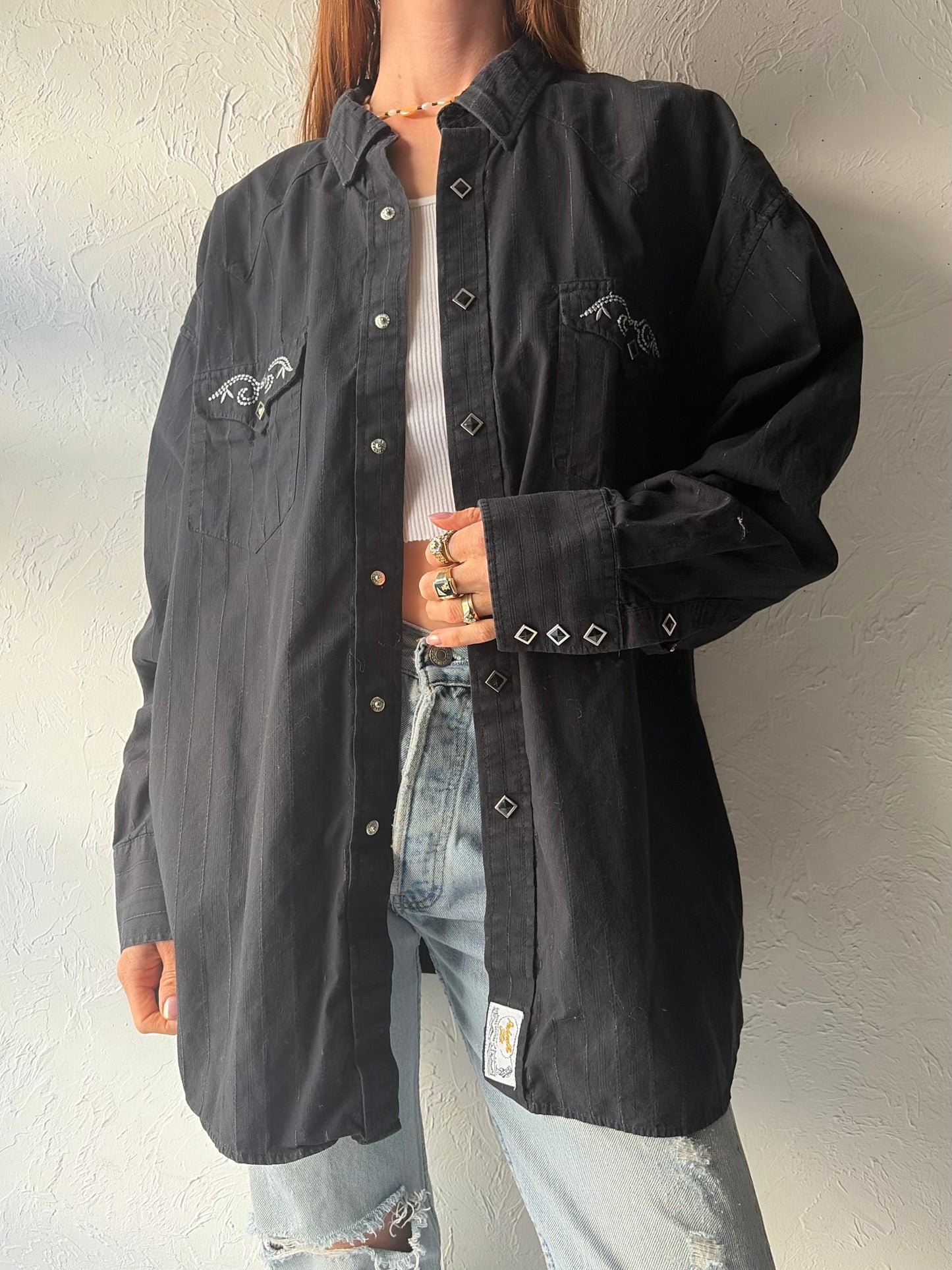 Y2k 'Parhandle' Black Embroidered Western Cowboy Workwear Snap Up Shirt / XL