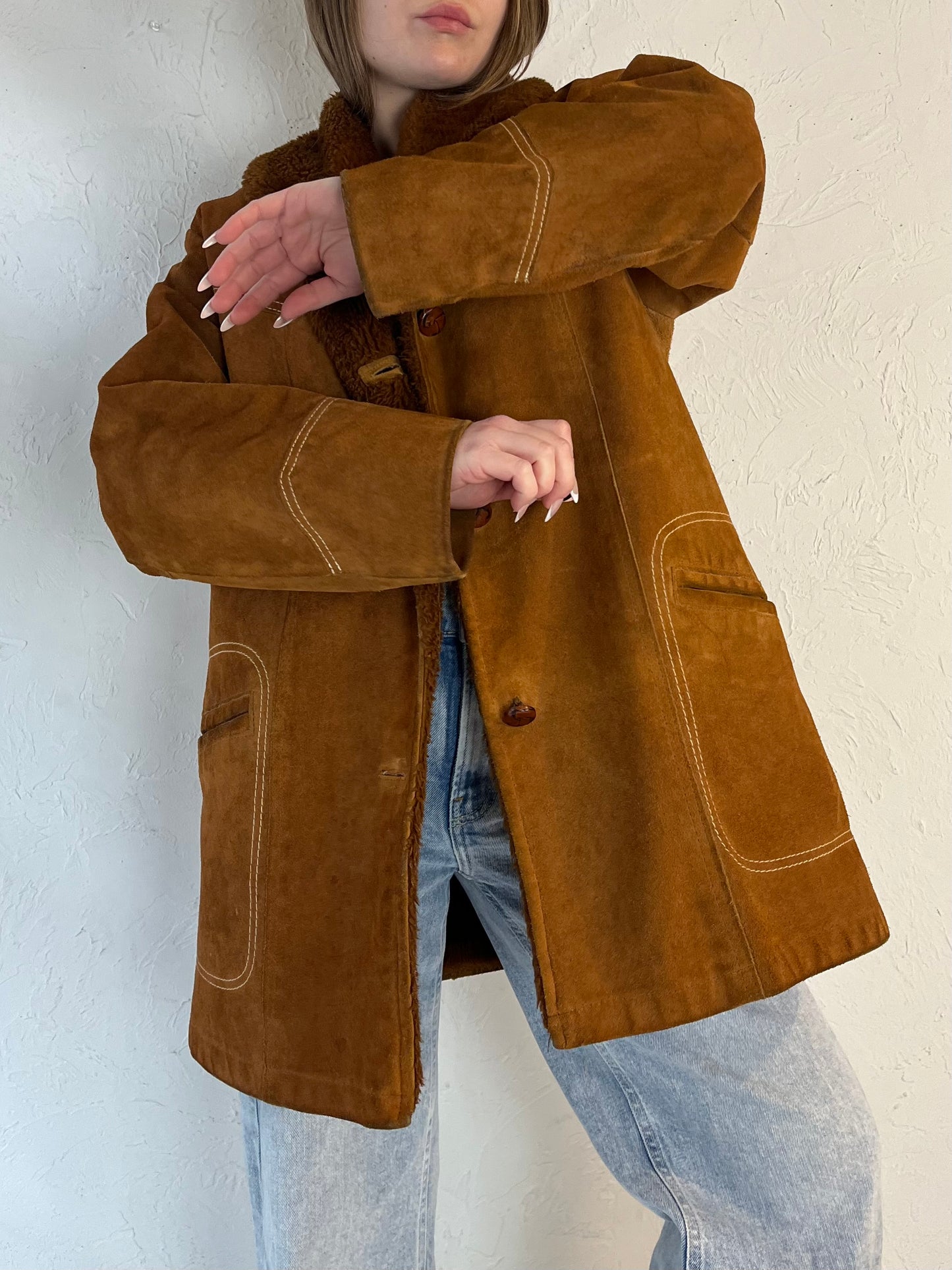 80s ‘Pioneer Wear’ Tan Faux Fur Lined Suede Jacket / Medium