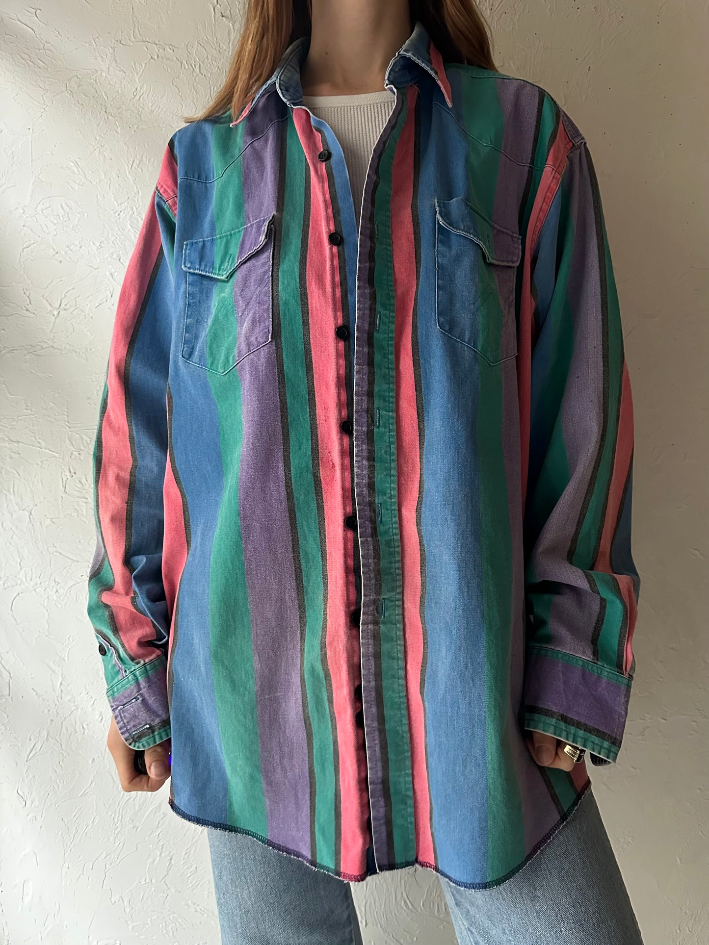 90s ‘Wrangler’ Rainbow Striped Thick Cotton Western Shirt / Large