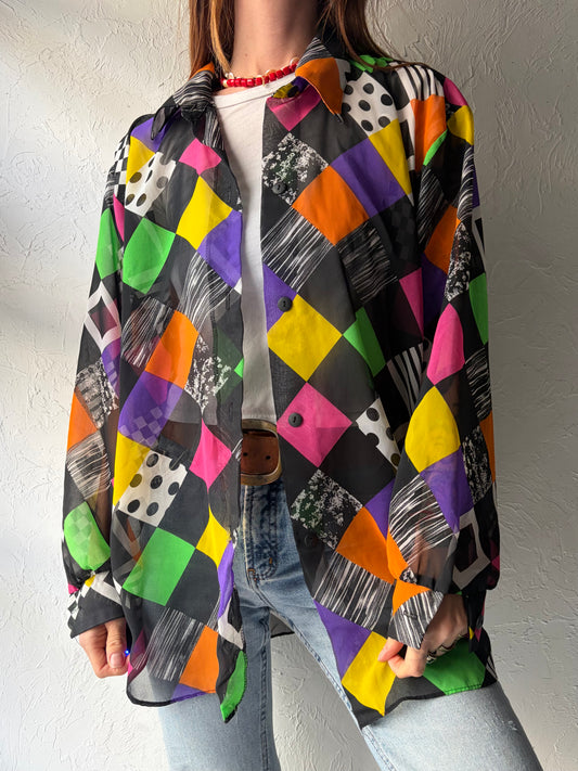 80s '2XS' Retro Patterned Button Up Shirt / Vintage 1980s Abstract Graphic Top / Large