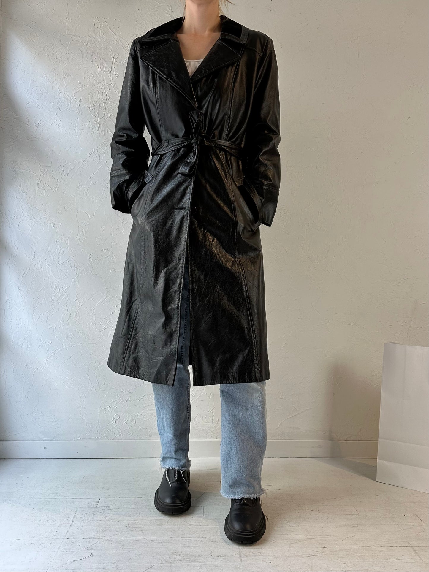 Vintage Black Leather Trench Coat / Medium