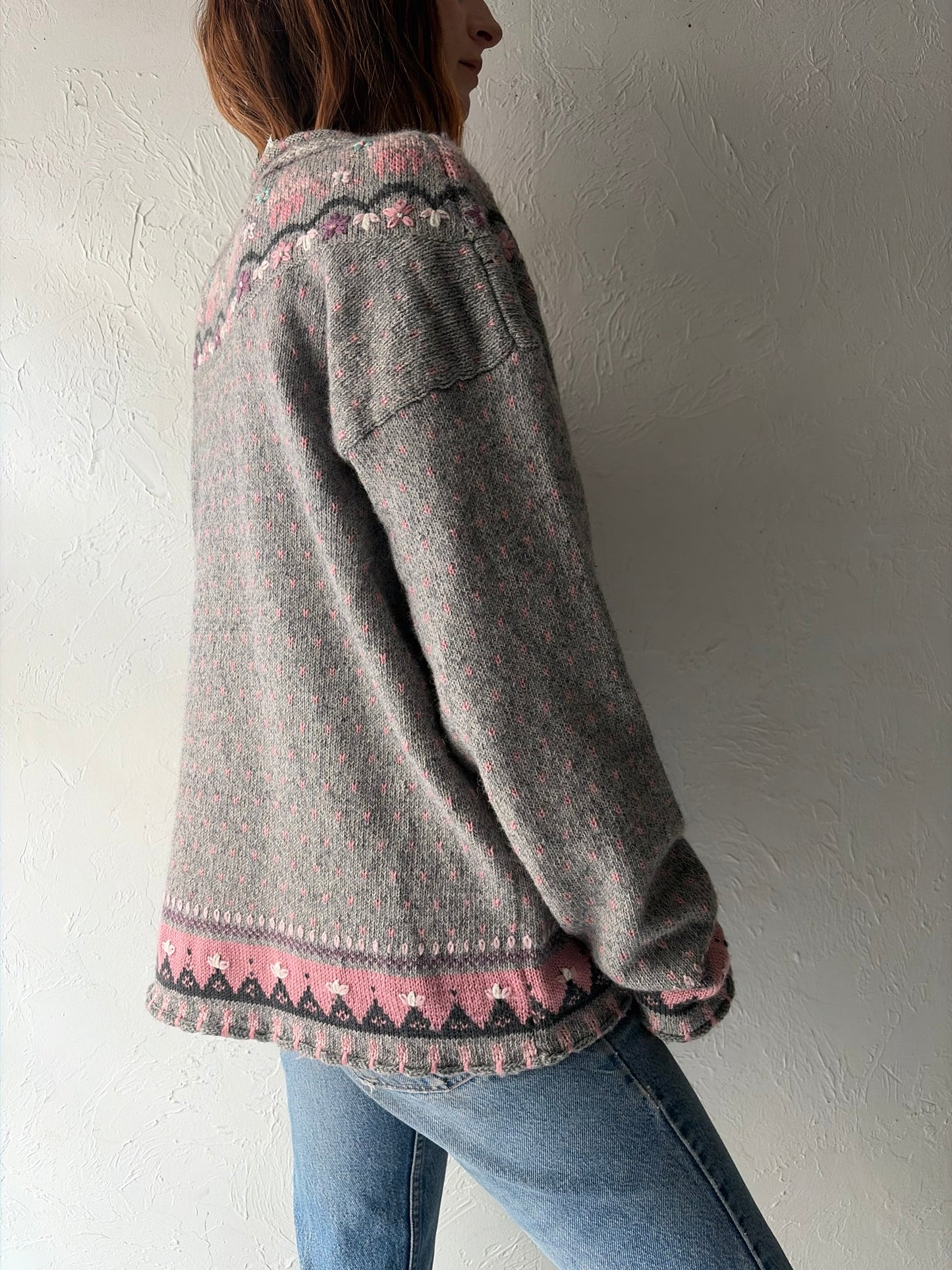 90s 'Northern Reflections' Grey Knit Cottagecore Cardigan Sweater / XL