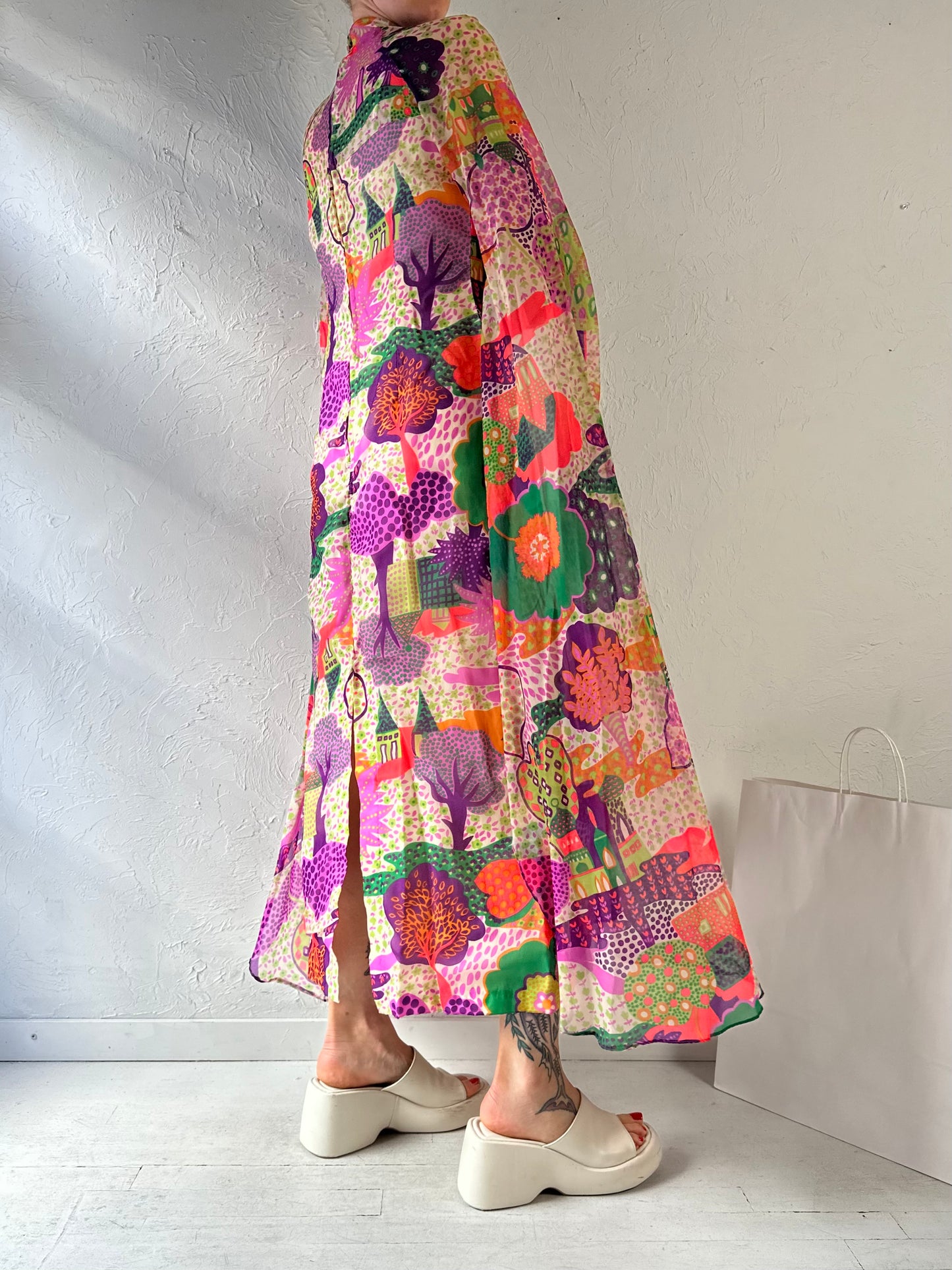 70s Patterned Maxi Dress / Small
