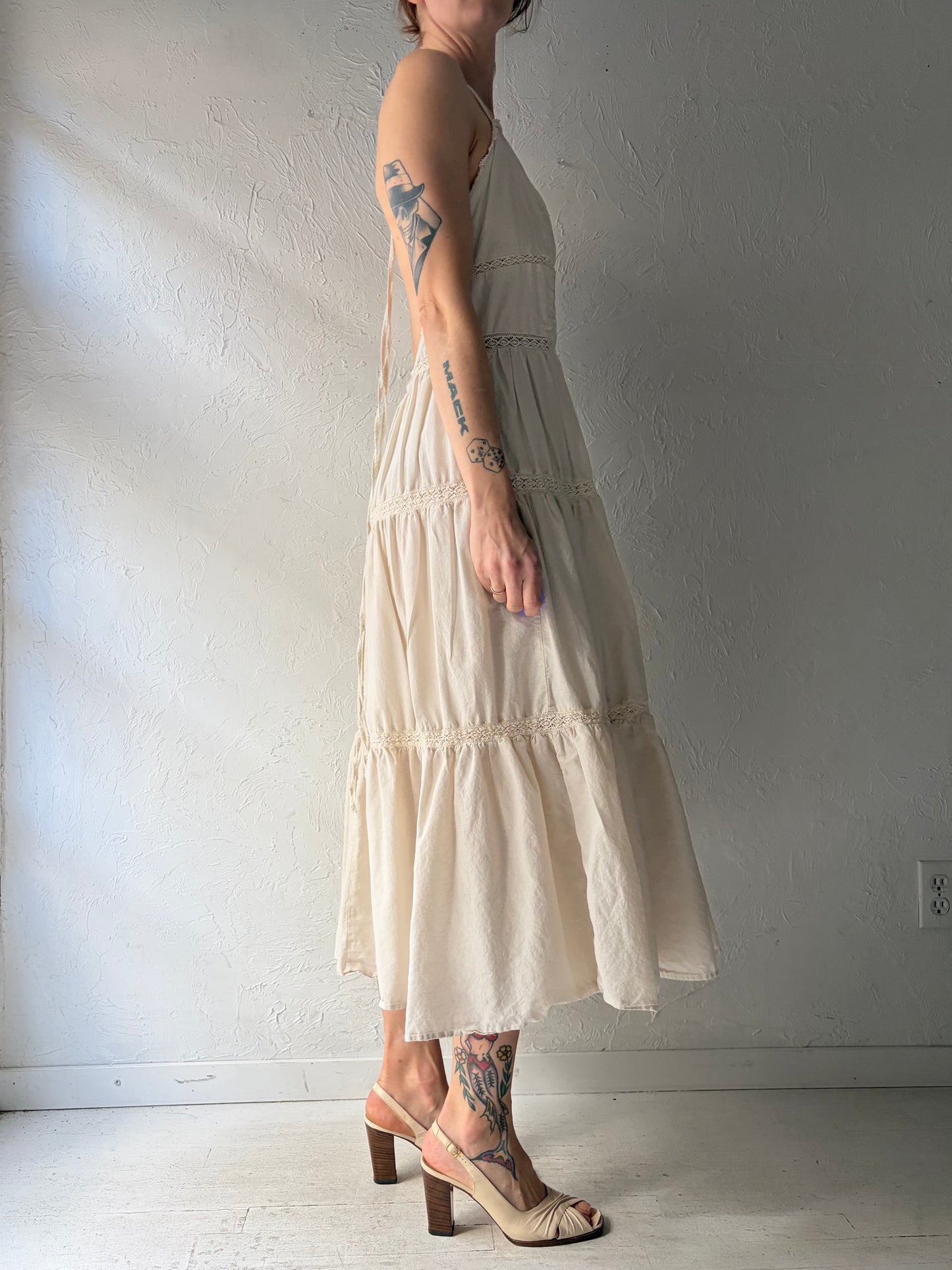 Vintage Cream Cotton Crochet Boho Hippy Dress / Medium